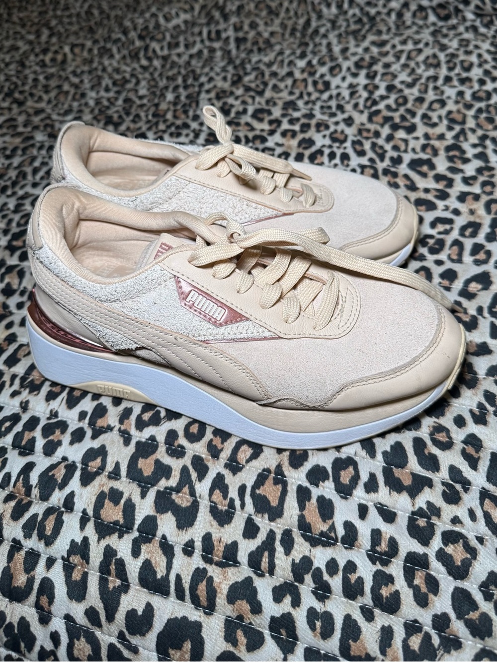 Puma Beige Sneakers with Rose Detail